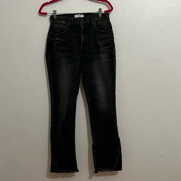 Authentic Moussy VTG Jeans 28 Black High Rise Straight Leg Raw Edge Distressed - Picture 1 of 9